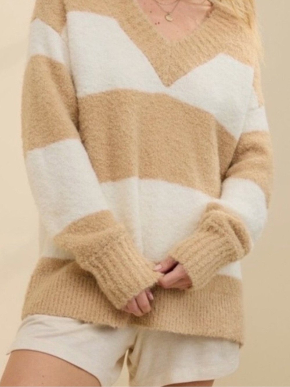 Aerie Teddy Boucle Oversized V-Neck Sweater Tan XXS